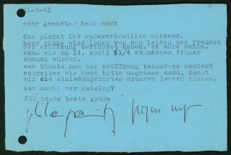 Korrespondenz von der Galerie nota an Heinz Mack