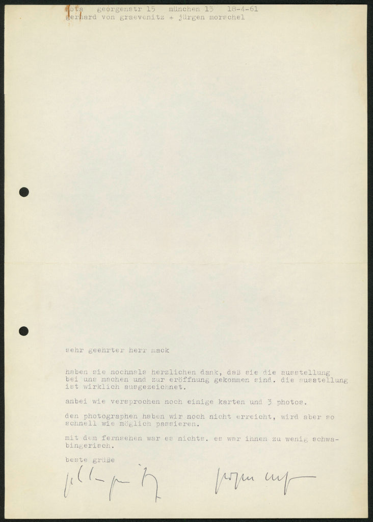 Korrespondenz von der Galerie nota an Heinz Mack