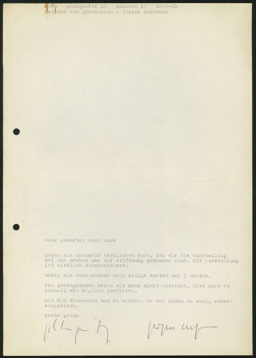 Heinz Mack (Empfänger*in), Korrespondenz von der Galerie nota an Heinz Mack, 18.04.1961