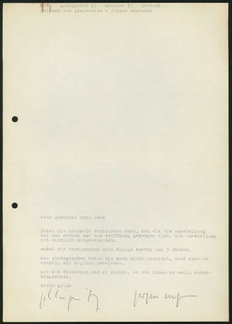 Korrespondenz von der Galerie nota an Heinz Mack