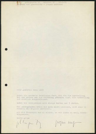 Korrespondenz von der Galerie nota an Heinz Mack