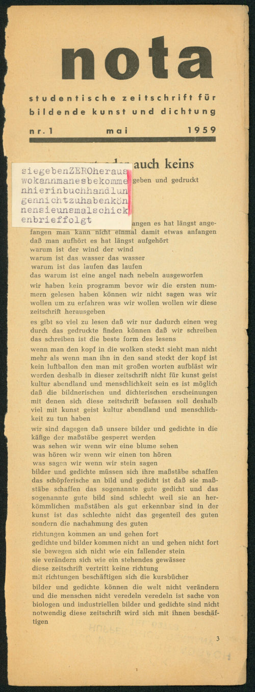 Unbekannt (Autor*in), Ausschnit aus nota 1 mit telegrammartiger Notiz, zwischen 1958 und 1966