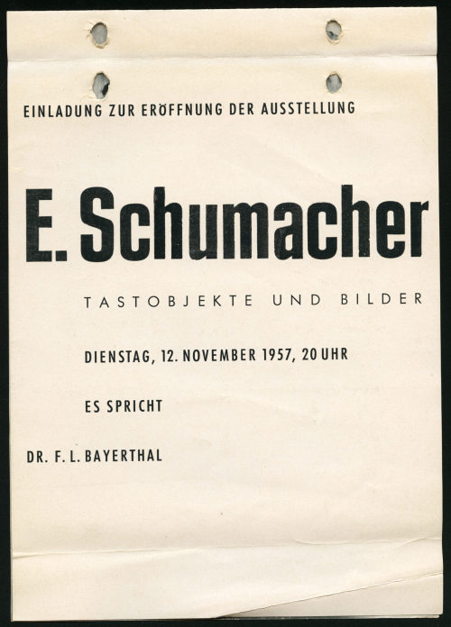 Emil Schumacher (Behandelte Person), E. Schumacher: Tastobjekte und Bilder, Galerie 22, Düsseldorf, 1957, 12.11.1957