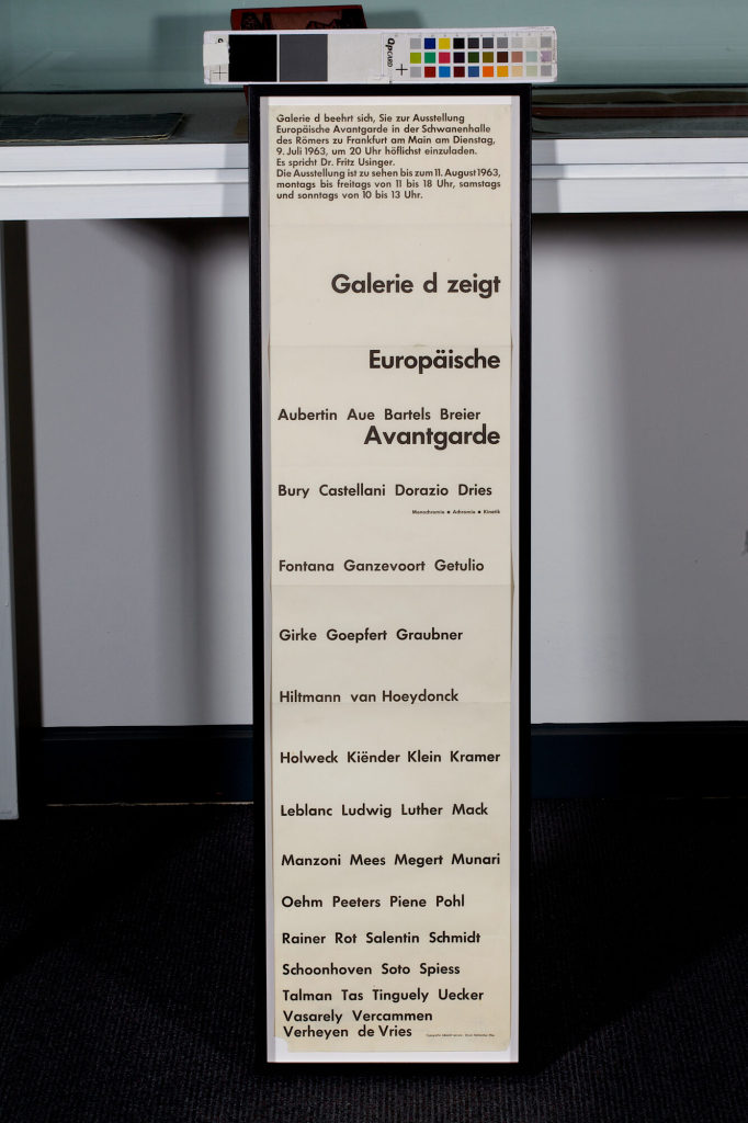 Europäische Avantgarde. Monochromie, Achromie, Kinetik. Galerie d, Frankfurt am Main, 09.07.-11.08.1963