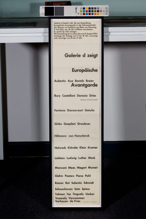 Galerie d (Beteiligte Institution), Europäische Avantgarde. Monochromie, Achromie, Kinetik. Galerie d, Frankfurt am Main, 09.07.-11.08.1963, 1963