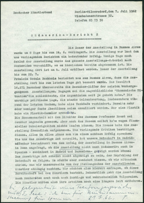 Deutscher Künstlerbund (Absender*in), Korrespondenz von Deutscher Künstlerbund an Otto Piene, 07.07.1962