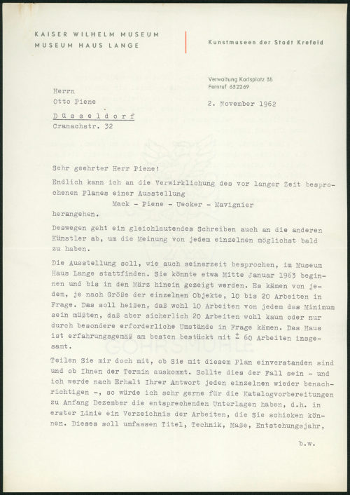 Kunstmuseen Krefeld (Absender*in), Korrespondenz von Kunstmuseen Krefeld (Paul Wember) an Otto Piene, 02.11.1962