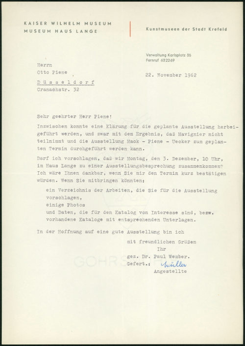 Kunstmuseen Krefeld (Absender*in), Korrespondenz von Kunstmuseen Krefeld (Paul Wember) an Otto Piene, 22.11.1962
