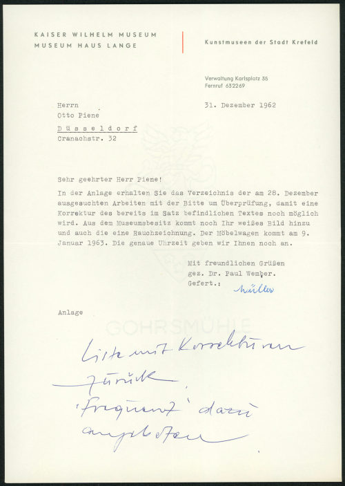 Kunstmuseen Krefeld (Absender*in), Korrespondenz von Kunstmuseen Krefeld an Otto Piene, 31.12.1962