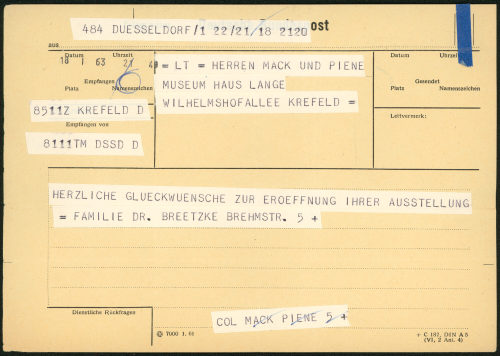 Dr. Breetzke (Absender*in), Korrespondenz von Dr. Breetzke an Heinz Mack und Otto Piene, 18.01.1963