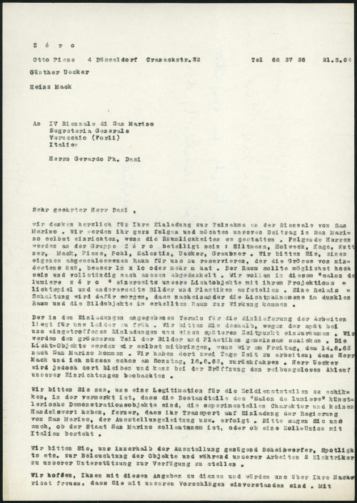 Otto Piene (Absender*in), Korrespondenz von Otto Piene an Biennale Internazionale d'Arte di San Marino, 21.05.1963