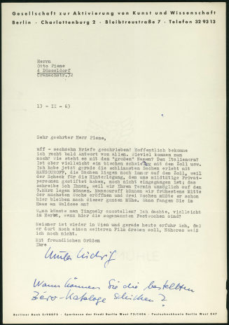 Korrespondenz von der Gesellschaft zur Aktivierung von Kunst und Wissenschaft an Otto Piene
