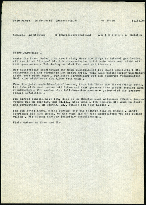 Otto Piene (Absender*in), Korrespondenz von Otto Piene an Galerie ad Libitum, 15.10.1962