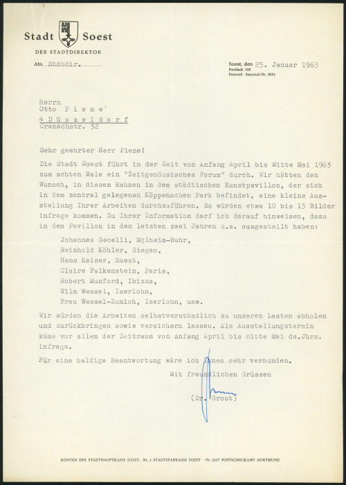 Soest / Stadtdirektor (Absender*in), Korrespondenz von Soest / Stadtdirektor an Otto Piene, 25.01.1963