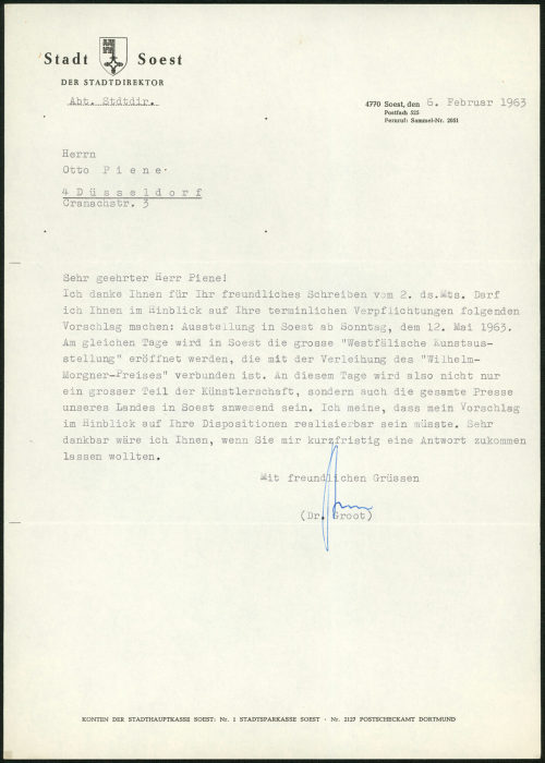 Soest / Stadtdirektor (Absender*in), Korrespondenz von Soest / Stadtdirektor an Otto Piene, 06.02.1963