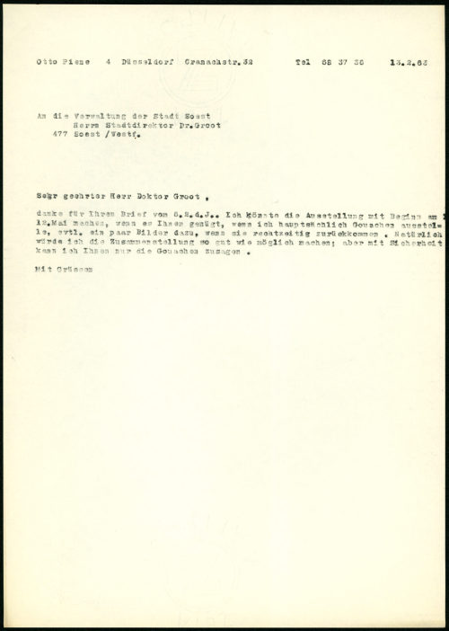 Otto Piene (Absender*in), Korrespondenz von Otto Piene an Soest / Stadtdirektor, 13.02.1963