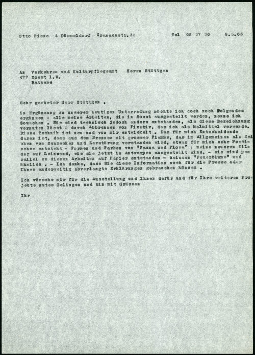 Otto Piene (Absender*in), Korrespondenz von Otto Piene an Städt. Verkehrs- und Kulturpflegeamt Soest, 09.05.1963