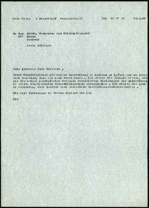 Otto Piene (Absender*in), Korrespondenz von Otto Piene an Städt. Verkehrs- und Kulturpflegeamt Soest, 16.05.1963