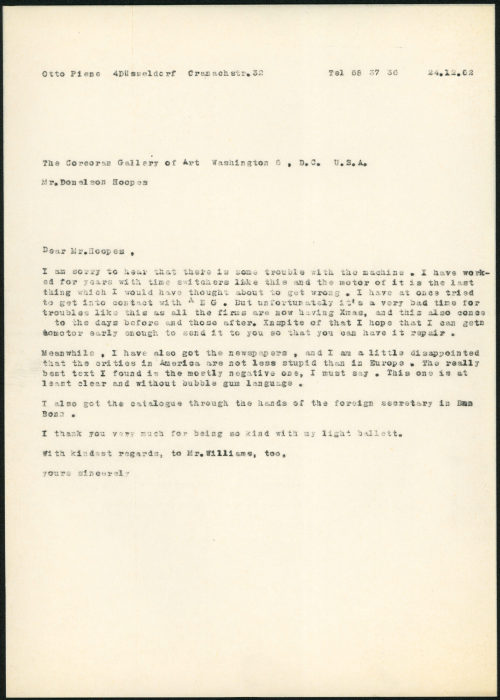 Otto Piene (Absender*in), Korrespondenz von Otto Piene an The Corcoran Gallery of Art/ Donelson Hoopes, 24.12.1962