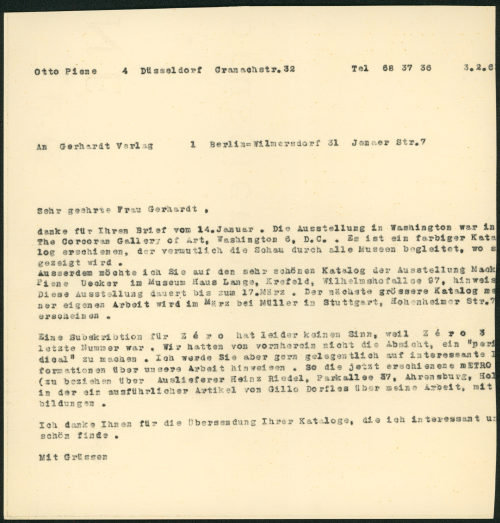 Otto Piene (Absender*in), Korrespondenz von Otto Piene an Gerhardt Verlag, 03.02.196?