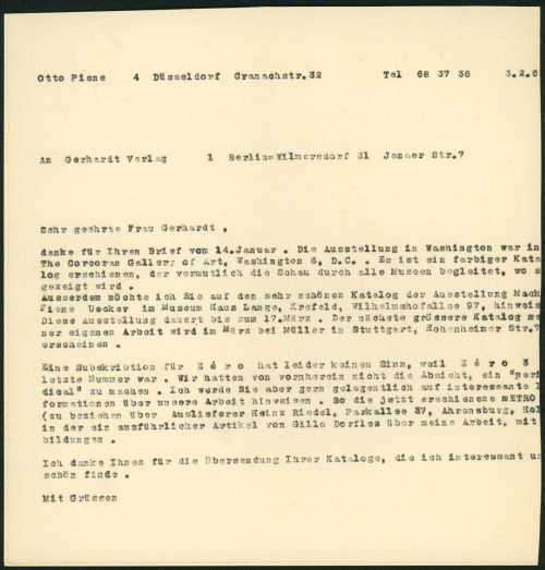 Otto Piene (Absender*in), Korrespondenz von Otto Piene an Gerhardt Verlag, 03.02.196?