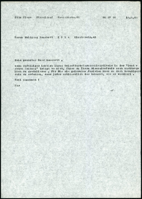 Otto Piene (Absender*in), Korrespondenz von Otto Piene an Wolfgang Ramsbott, 18.08.1962