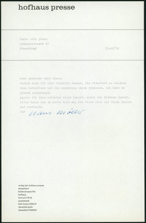 Hofhaus Presse (Absender*in), Korrespondenz von Hofhaus Presse an Otto Piene, 15.09.1962