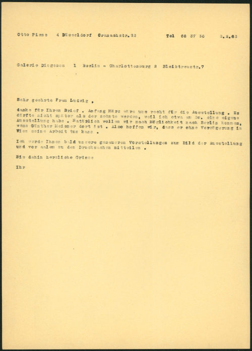 Otto Piene (Absender*in), Korrespondenz von Otto Piene an Galerie Diogenes, 03.02.1963