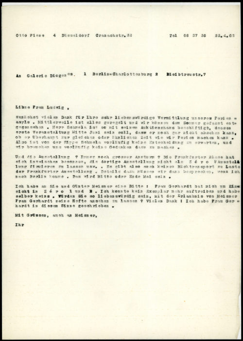 Otto Piene (Absender*in), Korrespondenz von Otto Piene an Galerie Diogenes, 23.04.1963