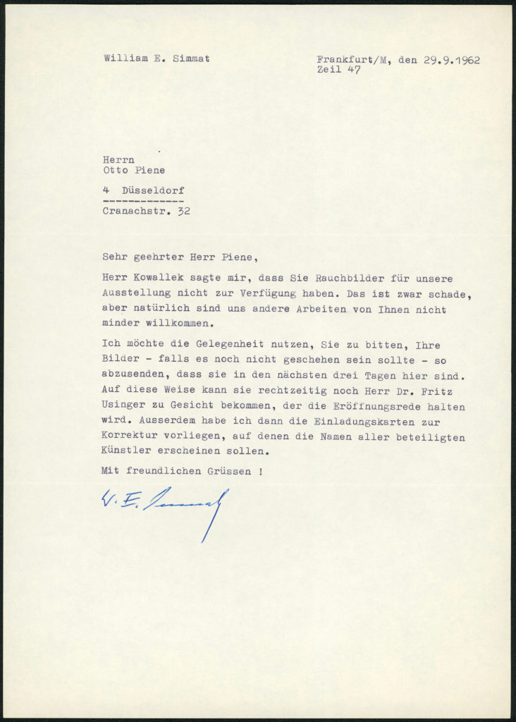 Korrespondenz von William E. Simmat an Otto Piene