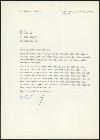 Korrespondenz von William E. Simmat an Otto Piene