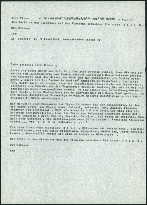 Otto Piene (Absender*in), Korrespondenz von Otto Piene an Galerie d, 14.05.1963