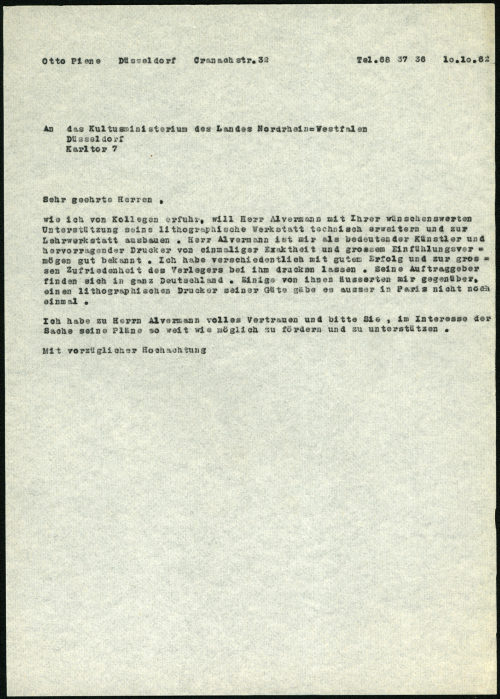 Otto Piene (Absender*in), Korrespondenz von Otto Piene an Kultusministerium des Landes Nordrhein-Westfalen Düsseldorf, 10.10.1962