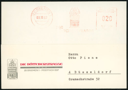 Otto Piene (Empfänger*in), Korrespondenz von Die Böttcherstrasse GmbH an Otto Piene, 08.10.1962