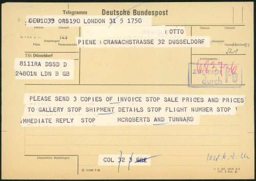 McRoberts & Tunnard Limited (Absender*in), Korrespondenz von McRoberts & Tunnard Limited an Otto Piene, Ohne Datum