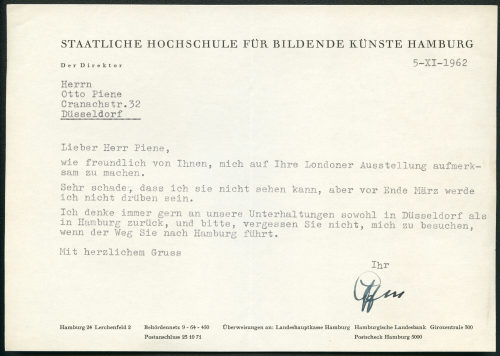 Otto Piene (Empfänger*in), Korrespondenz von Staatliche Hochschule für bildende Künste Hamburg an Otto Piene, 05.11.1962