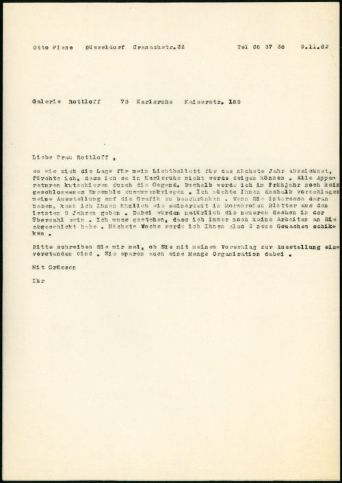 Otto Piene (Absender*in), Korrespondenz von Otto Piene an Galerie Rottloff, 09.11.1962