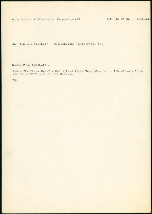 Otto Piene (Absender*in), Korrespondenz von Otto Piene an Galerie Rottloff, 24.12.1962