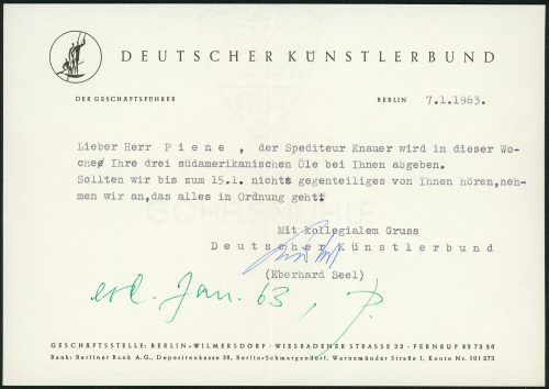 Deutscher Künstlerbund (Absender*in), Korrespondenz von Deutscher Künstlerbund an Otto Piene, 07.01.1963