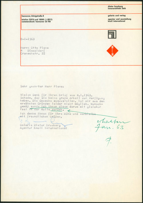 Dieter Brusberg Innenarchitekt DWB (Absender*in), Korrespondenz von Dieter Brusberg Innenarchitekt DWB an Otto Piene, 08.01.1963