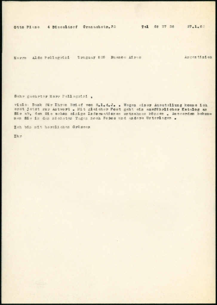 Korrespondenz von Otto Piene an Aldo Pellegrini