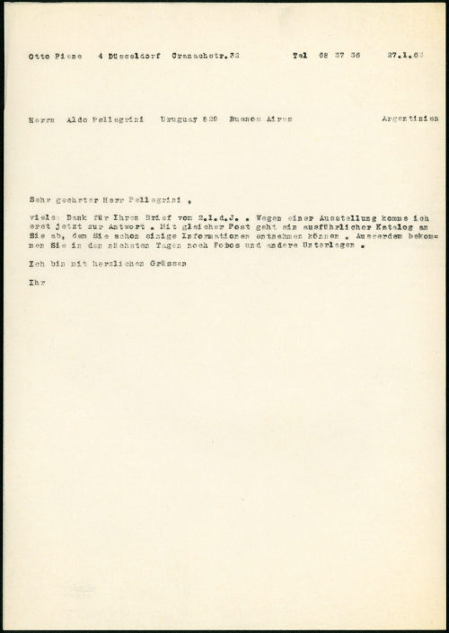 Otto Piene (Absender*in), Korrespondenz von Otto Piene an Aldo Pellegrini, 27.01.1963