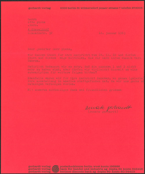 Otto Piene (Empfänger*in), Korrespondenz von Gerhardt Verlag an Otto Piene, 14.01.1963