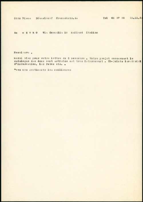 Otto Piene (Absender*in), Korrespondenz von Otto Piene an mETRO, 22.11.196[2]