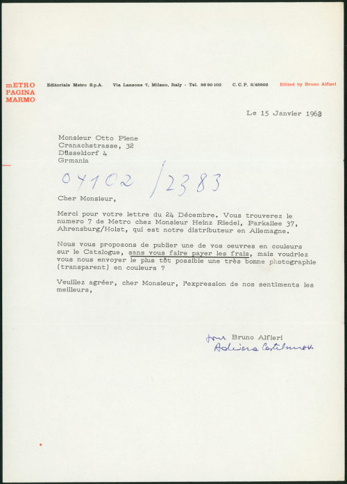 Otto Piene (Empfänger*in), Korrespondenz von mETRO an Otto Piene, 15.01.1963