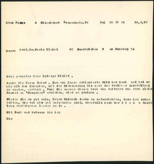 Otto Piene (Absender*in), Korrespondenz von Otto Piene an Prof. Boris H. Kleint, 26.02.1963