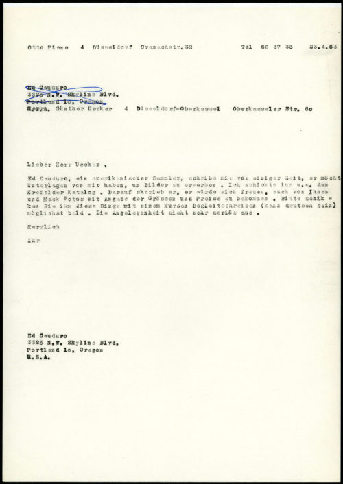 Otto Piene (Absender*in), Korrespondenz von Otto Piene an Günther Uecker, 23.04.1963