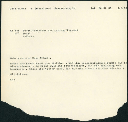 Otto Piene (Absender*in), Korrespondenz von Otto Piene an Städt. Verkehrs- und Kulturpflegeamt Soest, 02.03.1963