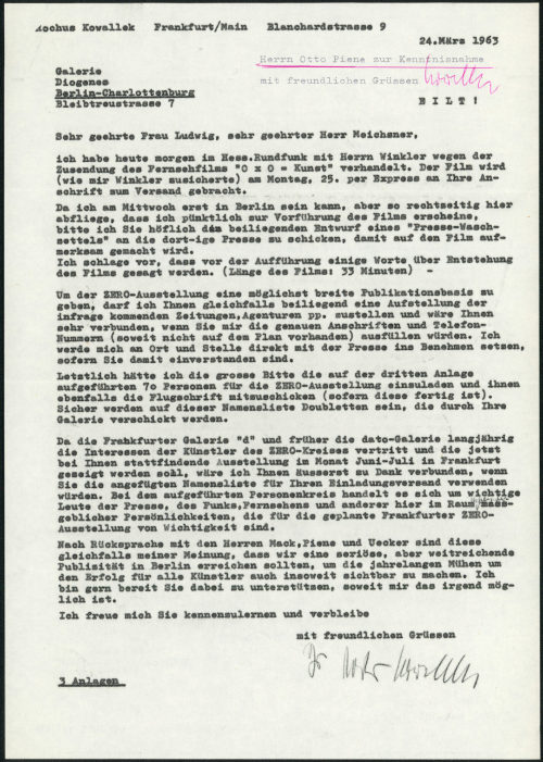 Rochus Kowallek (Absender*in), Korrespondenz von Rochus Kowallek an Galerie Diogenes, 24.03.1963