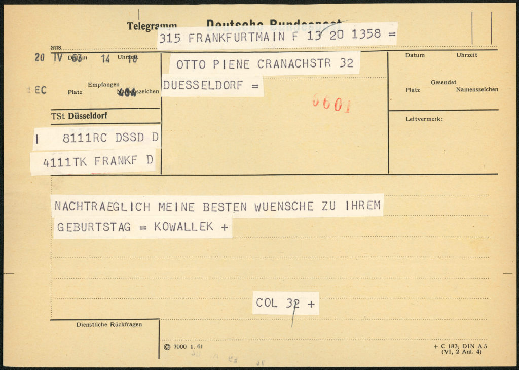 Korrespondenz von Rochus Kowallek an Otto Piene